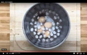 Boiled eggs cooling in an ice water bath in a metal bowl on a wooden countertop.